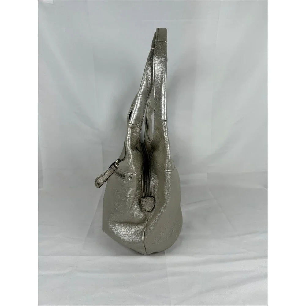 Tignanello Leather Metallic Silver Hobo Bag with Matching Wallet And Keyring